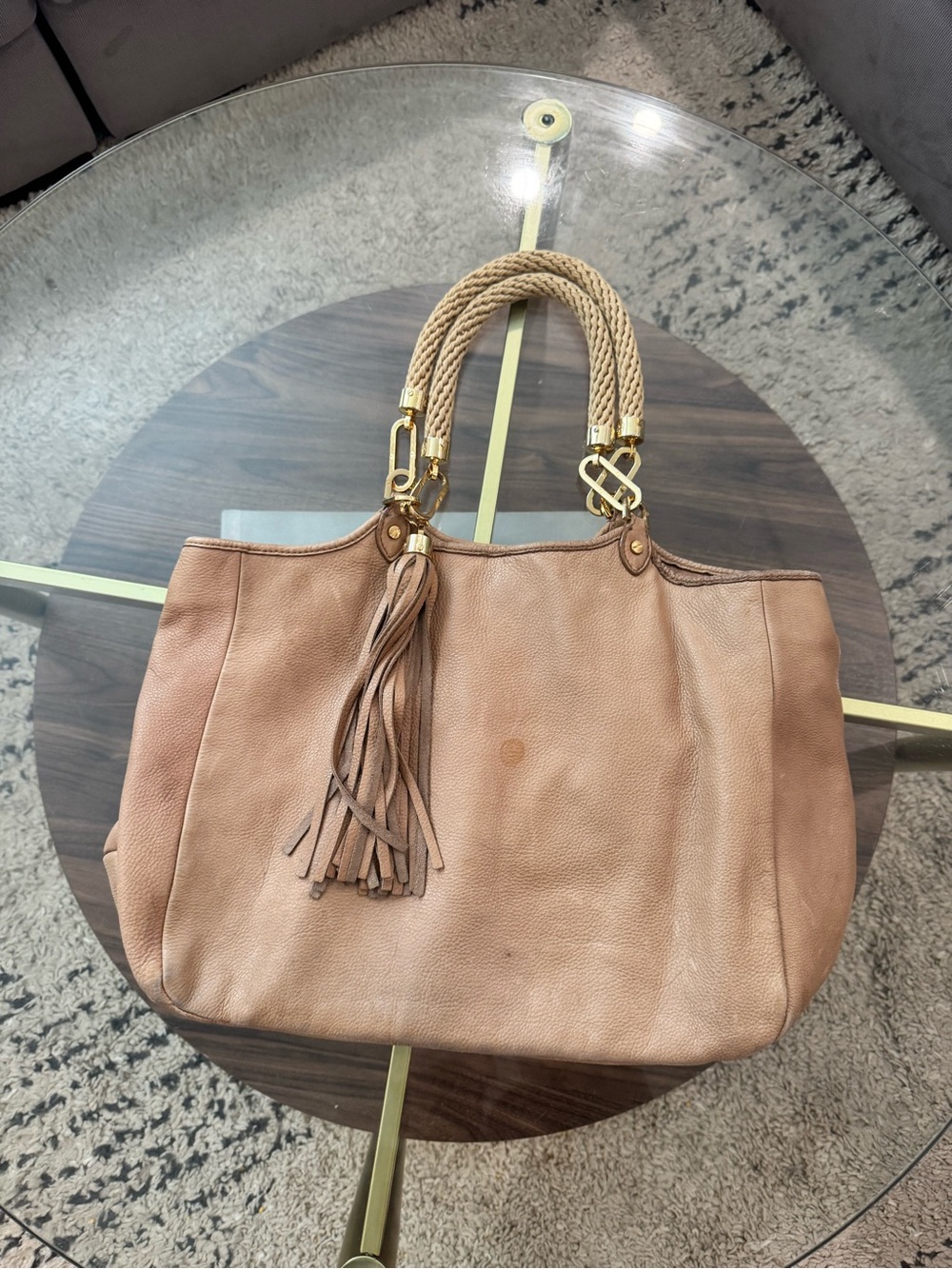 Tory Burch Tan Leather Tote with Braided Handles and Tassel
